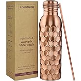 LIVINGNISH 100% Pure Copper Water Bottle for Drinking – Extra Large 34 Oz Wide Mouth, Honeycomb Ayurvedic Copper Water Bottle with Straw – Handcrafted Leak-Proof Vessel, Reusable & BPA-Free