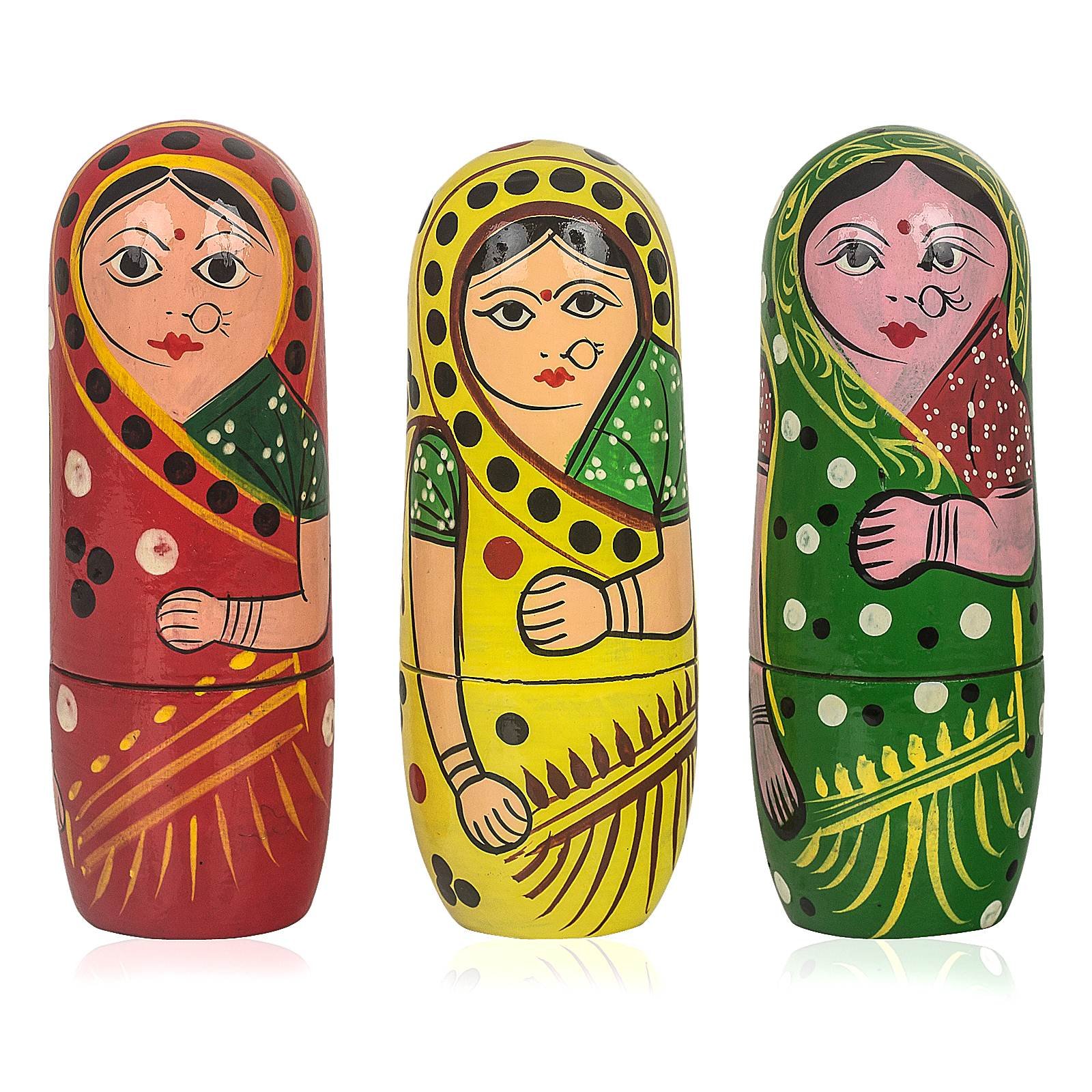 15 Pcs Red Yellow Green Color Hand Painted Wooden Russian Nesting Dolls