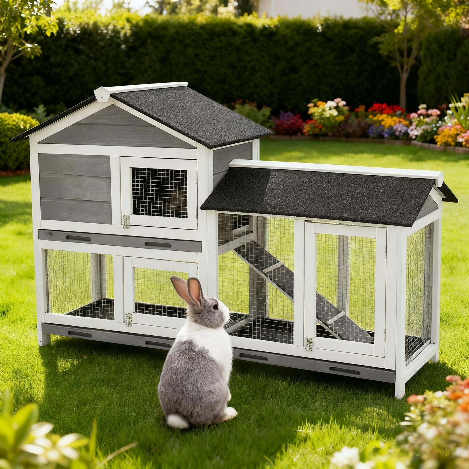 View 1 of (minor usage, unknown ,missing parts) 63 in Bunny Hutch Indoor Bunny Cage, with 3 Leak-Proof Removable Trays, Wooden Waterproof Roof Rabbit Hutch Indoor/Outdoor, 2-Tier Bunny House/Chicken Coop, Gray and Black