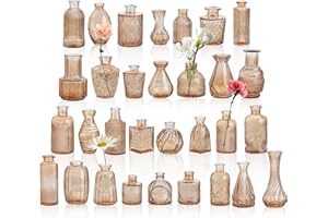 CheeryStow 30 Pcs Amber Glass Bud Vase Set – Vintage Mini Flower Vases Bulk for Wedding Centerpieces, Fall Decor, Table Displ