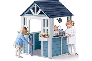 ROBUD Wooden Playhouse, Outdoor Kids Playhouse with Sink, Stove, Cookware, Flowerpot Holders, Snack Bar, Cottage Play House for Backyard, Blue