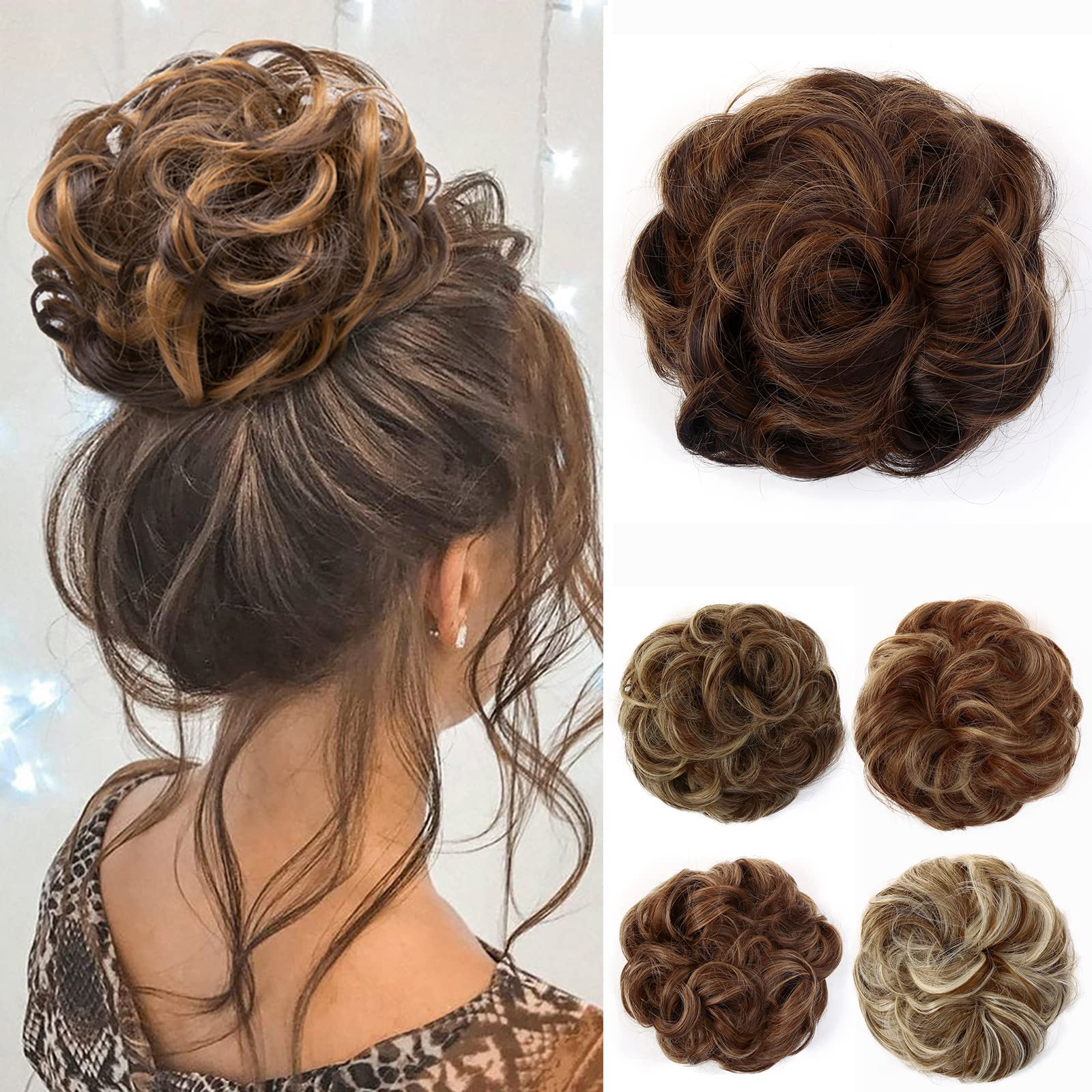 JJstar Messy Hair Bun Curly Wavy Hair Scrunchies Accessories Pieces for Women Girls Synthetic Chignons (Dark Brown/Golden)