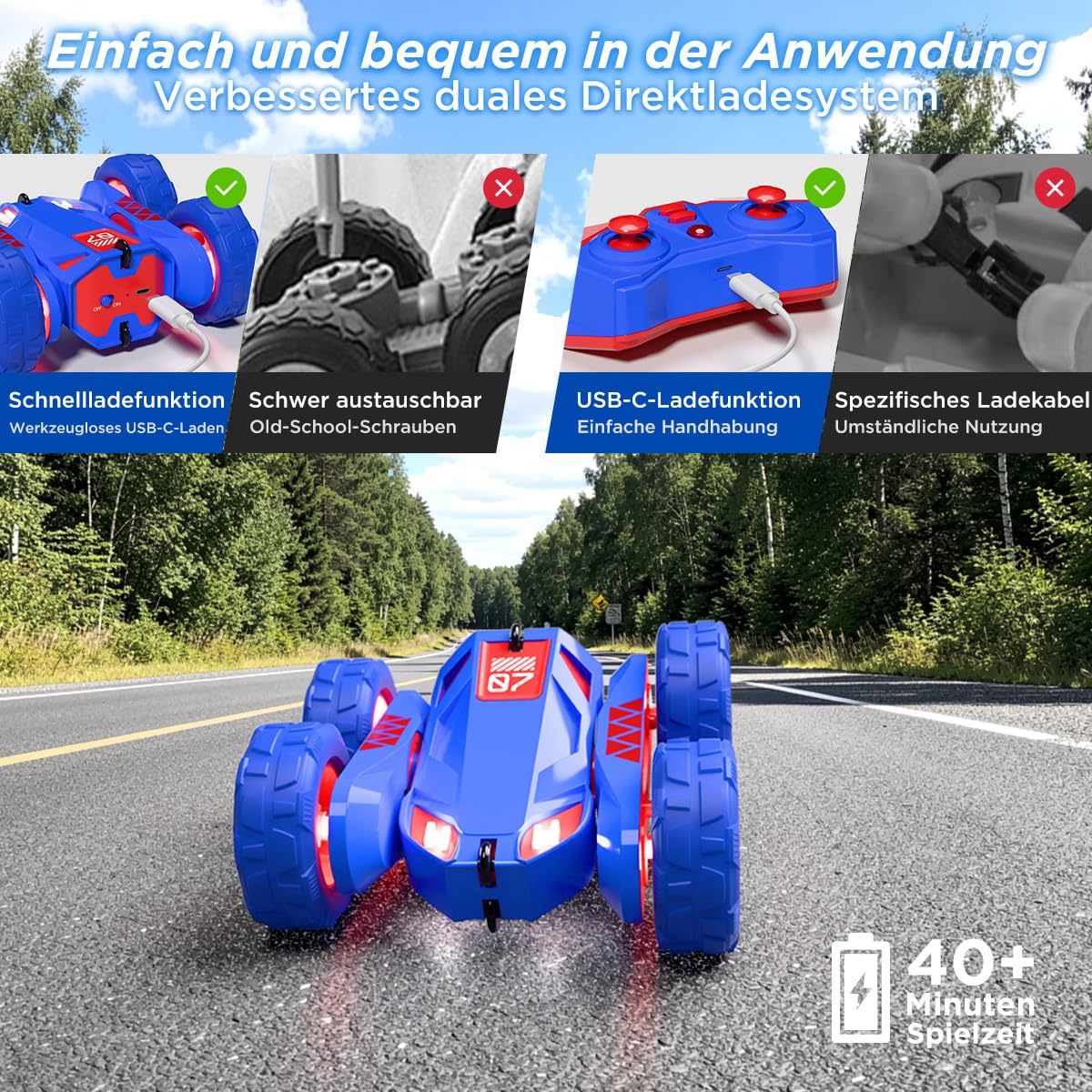 Duales Direktladung Ferngesteuertes Auto,Lädt Auto und Controller über USB,2.4G 360°Drehung Monster Truck mit Buntes LED-Licht,4WD Stunt Spielzeugauto Geschenk für Kinder Jungen Mädchen ab 3-12 Jahre 2