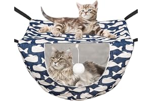 JSPYFITS Cat Cage Hammock with Ball,Double Layer Hanging Adjustable Soft Pet Bed Suit for Kitten Ferret Puppy Rabbit or Small Pet, 2 Level Indoor Bed for All Season(Blue Whale)