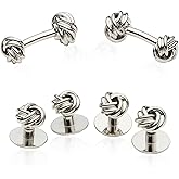 Classic Silver Knot Cufflinks & Studs Set Tuxedo Shirt Formal Set for Wedding Groomsmen Groom with Travel Presentation Gift Box