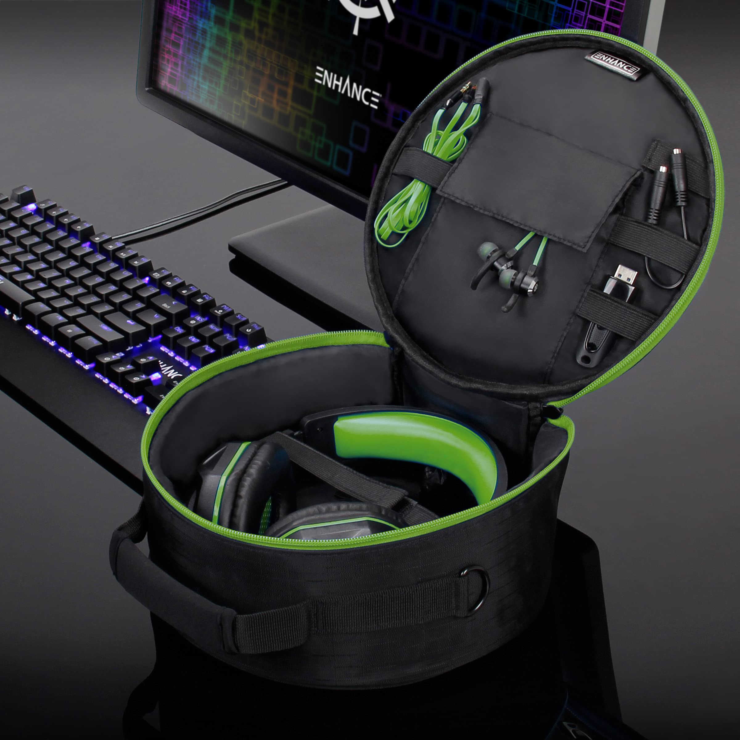 ENHANCE Portable Headphone Case for Wired & Wireless Headsets - Universal Headset Case Compatible with Xbox, Beats, Bose & Gaming Headphones - Accessory Storage, Strap & Carrying Handle - Green
