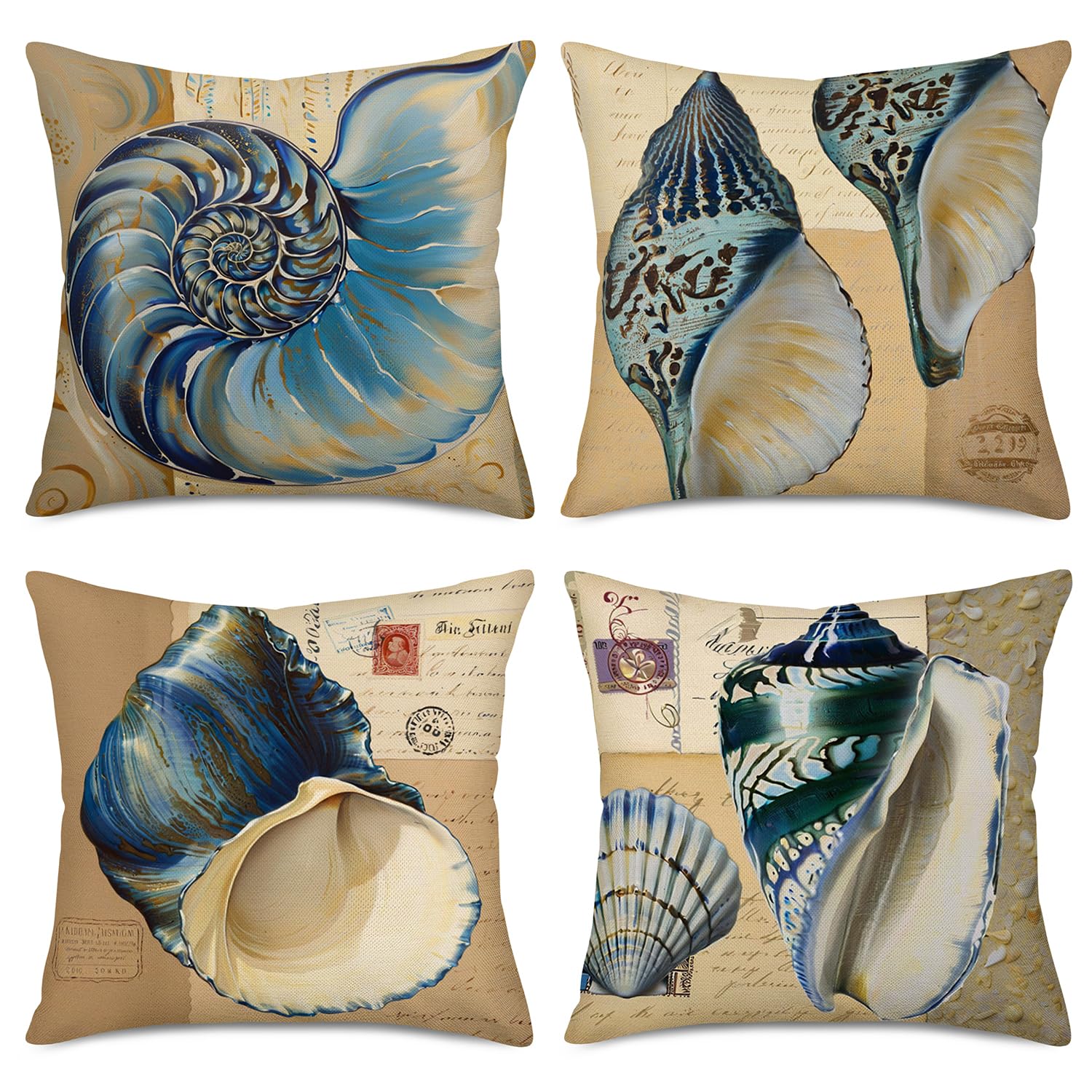 Photo 1 of Xihomeli Nautical Pillows Covers Vintage Coastal Decor Conch Seashell Decorative Marine Life Throw Pillow Cover Set of 4 Cotton Linen Ocean Sea Pillowcase Outdoor Decor Sofa 18x18 Inch(Ocean Set 4)