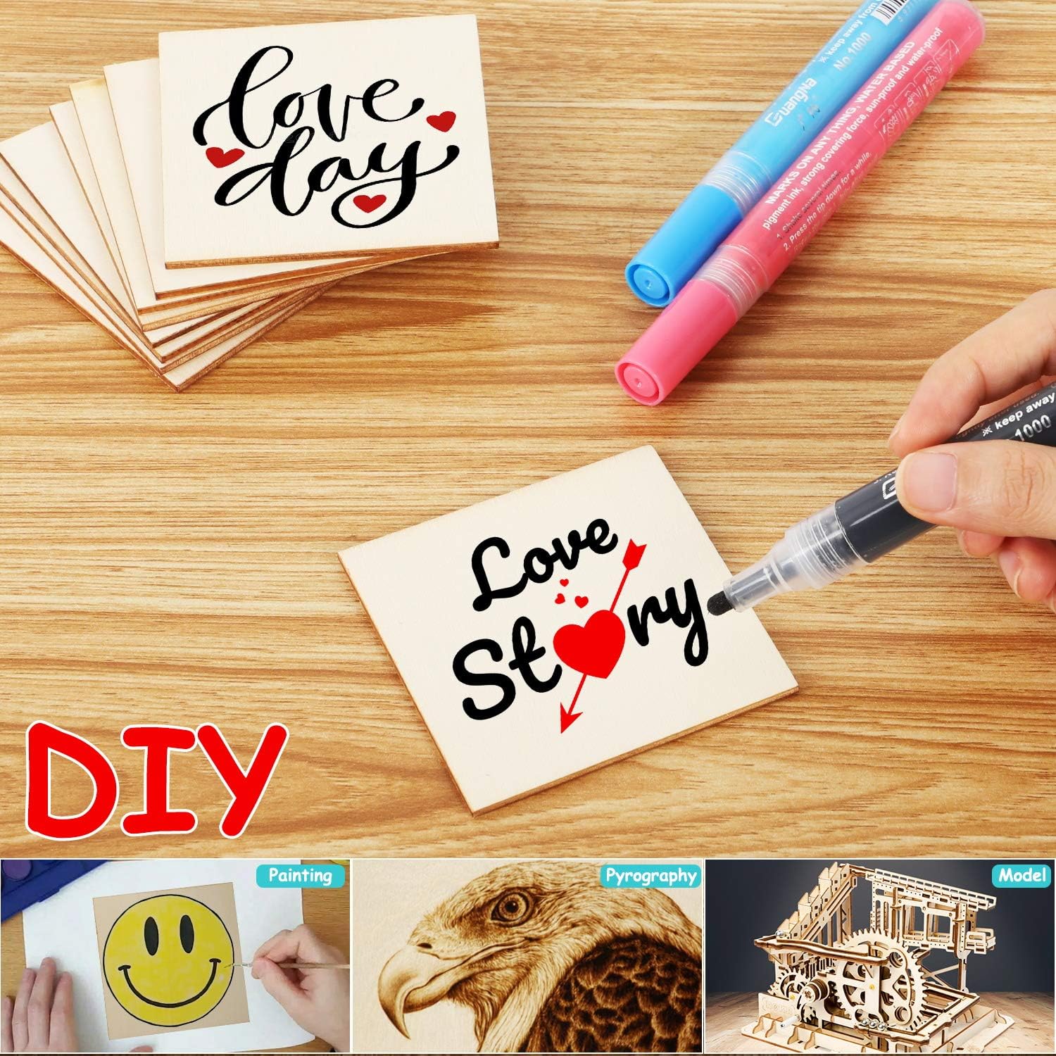 Unfinished Wood Board - 100Pcs 3 x 3in Blank Natural Slices Wood Square for DIY Crafts Painting, Scrable Tiles, Coasters, Pyrography, Decorations