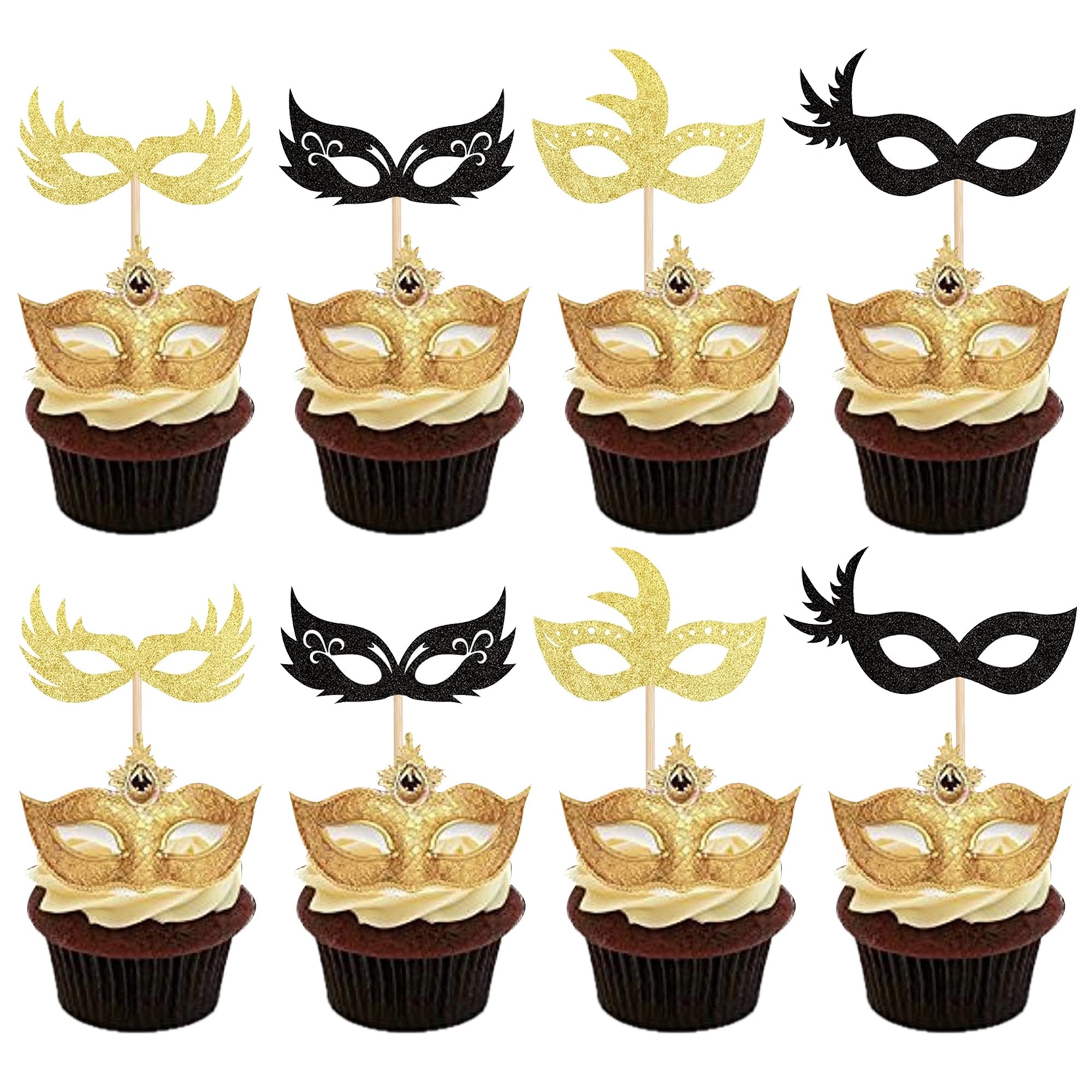 SYKYCTCY 24 Pack Masquerade Masks Cupcake Toppers Black and Gold Glitter Bachelorette Party Mask Cupcake Picks Masquerade Mardi Gras Party Baby Shower Birthday Party Cake Decorations Supplies