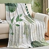 Pdvbiee Sage Green Leaf Throw Blanket Mid-Century Green and Gold Boho Flannel Blankets for Couch Bed Living Room Sofa, Decorative Patterned Super Soft Cozy, 50x60 in