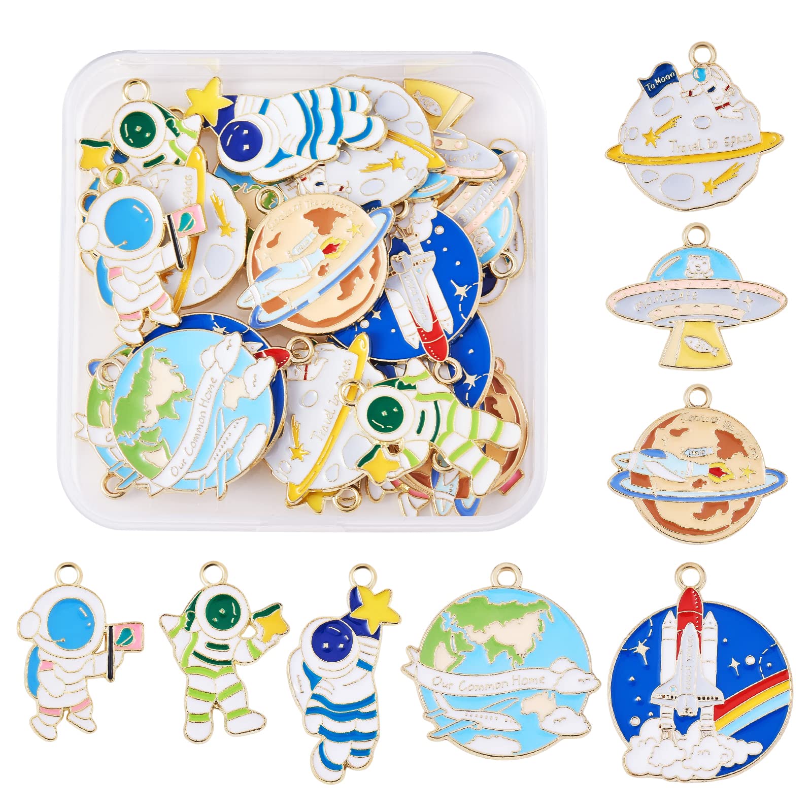 COGCHARGER 32 Pieces Space Theme Charm Pendant Astronaut Charm Colorful Enamel Charm for Jewelry Necklace Bracelet Earring Making Crafts