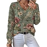 BEAUDRM Women's Fall Floral Sweater Crochet Boho Tops Vintage Lightweight Sweater Long Sleeve V Neck Knit Jumper Tops