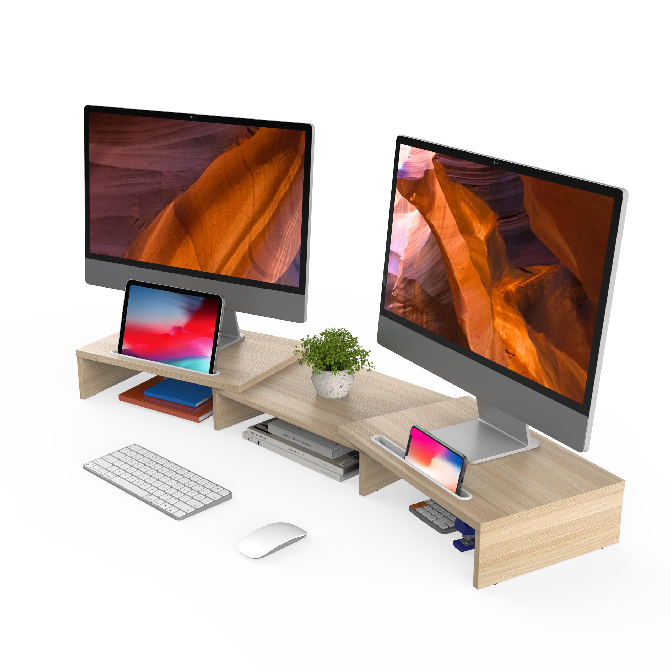 FITUEYES Dual Monitor Stand with 2 Extra Phone Holder, Wood PC Laptop Computer Stands Riser, 3 Shelf Swivel Length Adjustable, Home Office Supplies Desk Organzier, Max Load 25kg,Oak