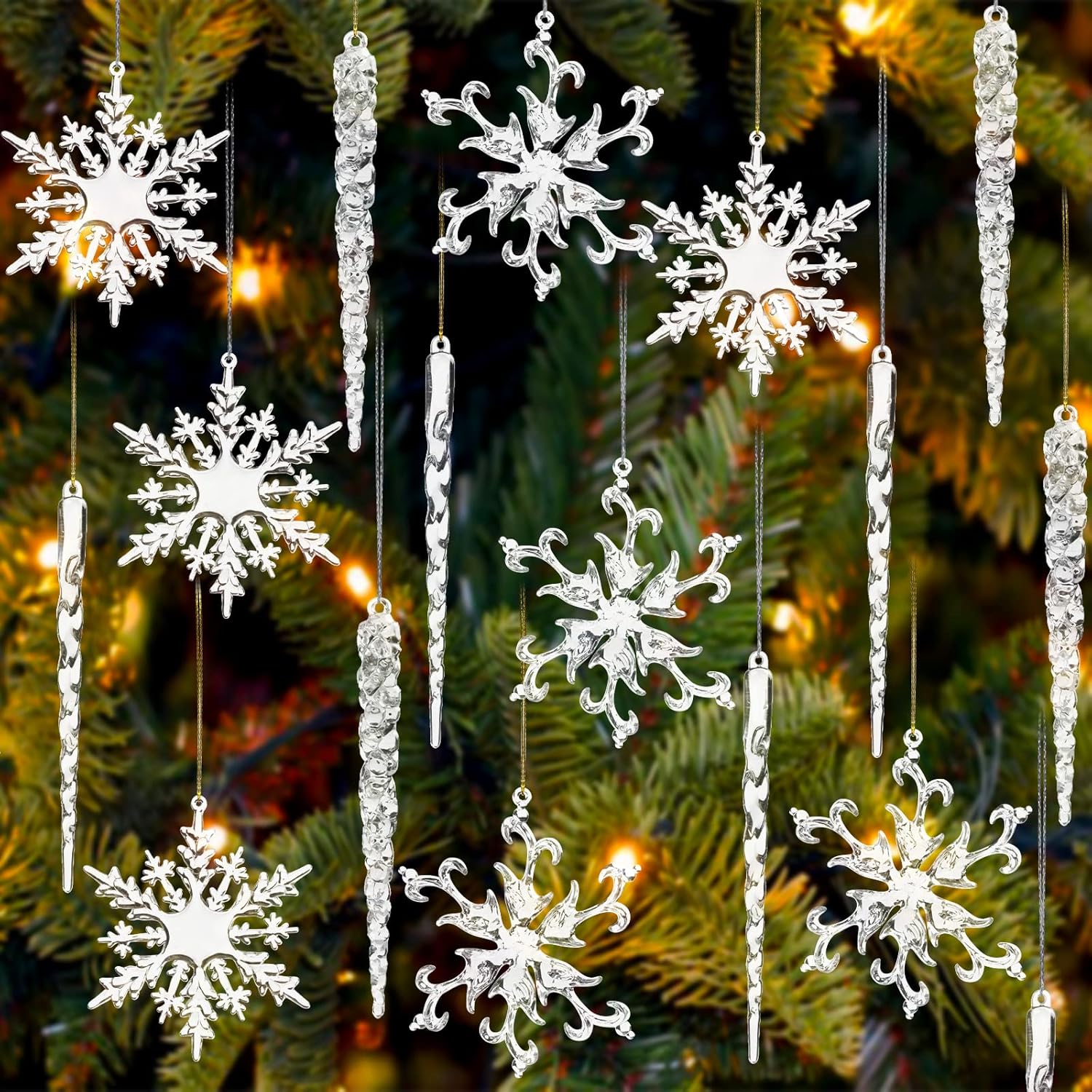 Ornaments - Christmas Snowflake Decorations, 4inch Icicles Ornaments Set Clear Snowflake Acrylic Christmas Ornaments for Santa Outdoor Party Tree Decoration Craft 36pcs