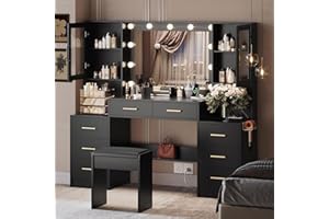 UGTOO Makeup Vanity Desk with Mirror and Lights, 58.3" Makeup Vanity with Lights & Charging Station, Dressing Table Vanity Set White Vanity Table with Cushioned Stool, 8 Drawers & 2 Cabinets Black