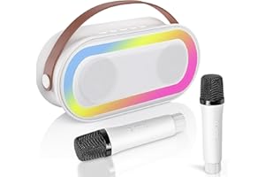 EMGYKIT Karaoke Machine for Kids, Portable Bluetooth Karaoke Speaker with 2 Wilreless Microphones and Led Lights for Home Party, Birthday Gifts for Girls (White)