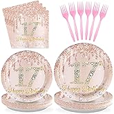96 PCS 17th Birthday Party Decorations Rose Gold 17 Years Old Birthday Party Plates and Napkins Disposable 17th Birthday Paper Tableware Set for Girls Seventeen Birthday Party Supplies, Serves 24