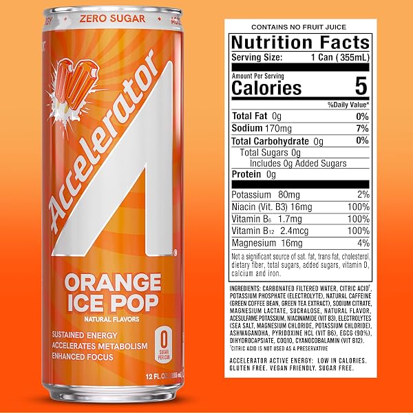 ACCELERATOR ENERGY DRINK, ORANGE ICE POP 12OZ CAN (12 PACK), ZERO SUGAR, SUSTAINED ENERGY FROM 100% NATURAL CAFFEINE (200MG FROM GREEN COFFEE BEAN & GREEN TEA EXTRACT)