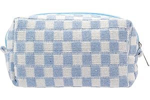 PAZIMIIK Checkered Makeup Bag for Purse Portable Zipper Make Up Pouch Small Cosmetic Case for Travel Accessories (Blue)