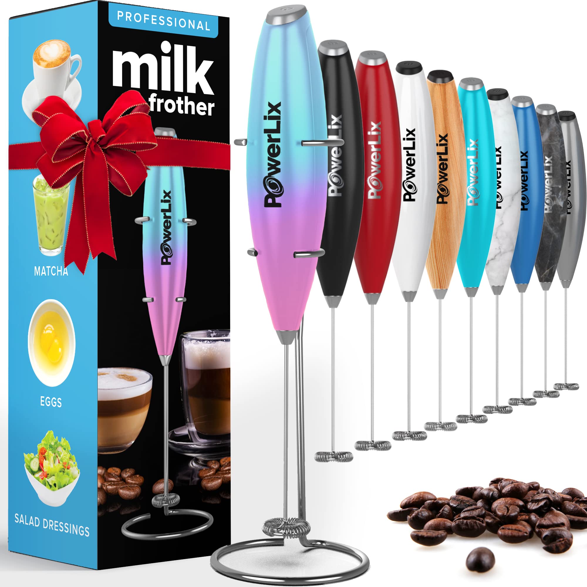 PowerLix Milk Frother Handheld Whisk - Electric Milk Frother Foamer with Stainless Steel Stand,15-20s, Powerful 19000rpm, Mini Drink Mixer Coffee Frother for Latte, Cappuccino, Hot Chocolate