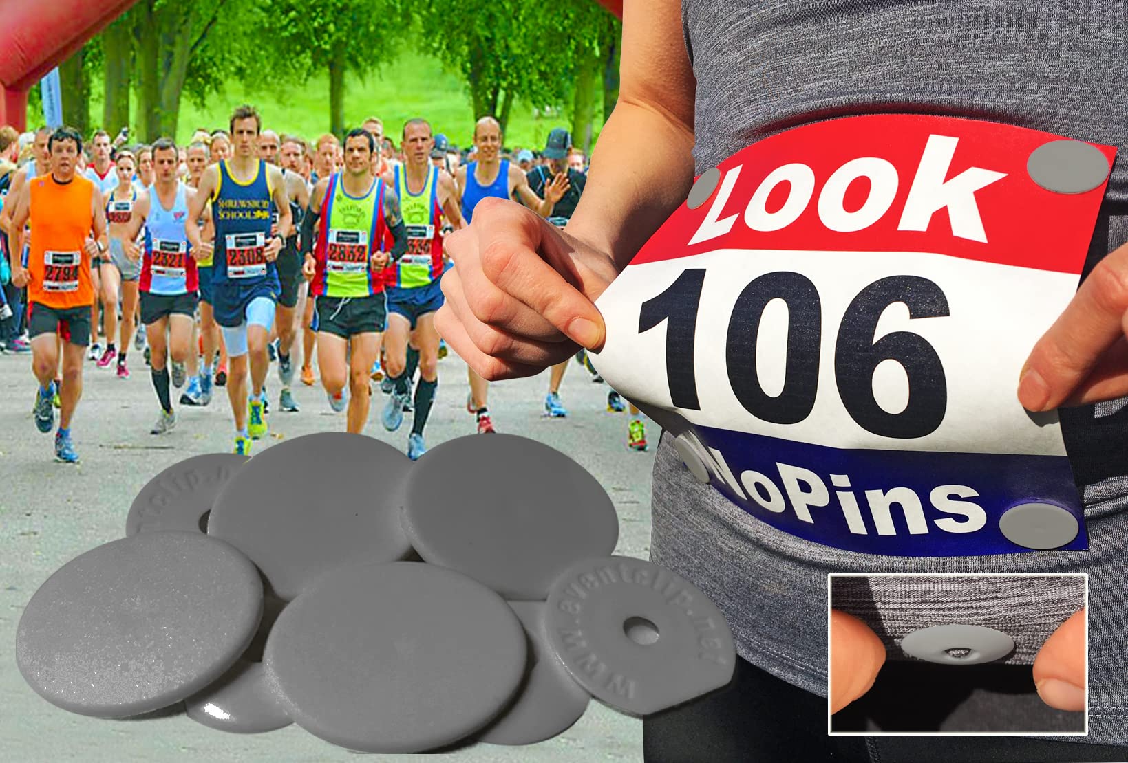 EventClip Race Bib Clips X 4 - GREY. Proven Snap-Lock for Securing Running and Cycling Numbers. Made in the UK with Recycled Plastic Since 2009 Far better than Magnets. Fed up with Safety Pins?
