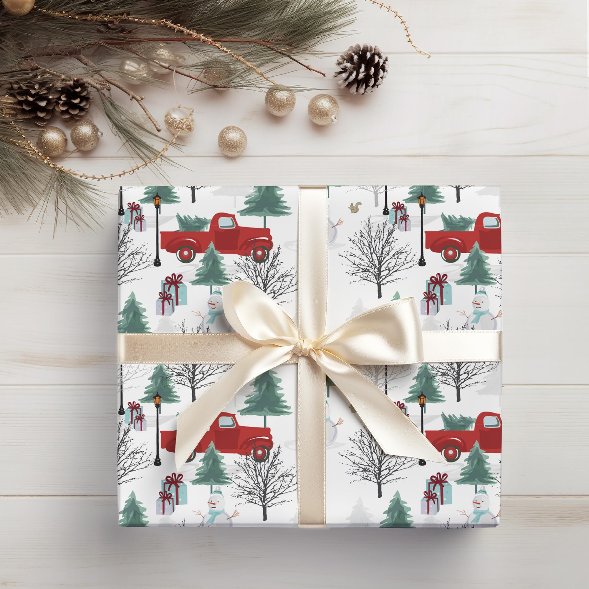 Cuitpan White Christmas Wrapping Paper Bundle for Kids Adults - Reindeer, Stripes, Woodlands, Snowflake, Red Truck Winter Scene Designs - 28 x 40 Inches, 6 Jumbo Sheets, Recycled