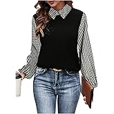 SweatyRocks Women's Houndstooth Dressy Casual Shirts Collared Long Sleeve Shirts Office Work Blouses