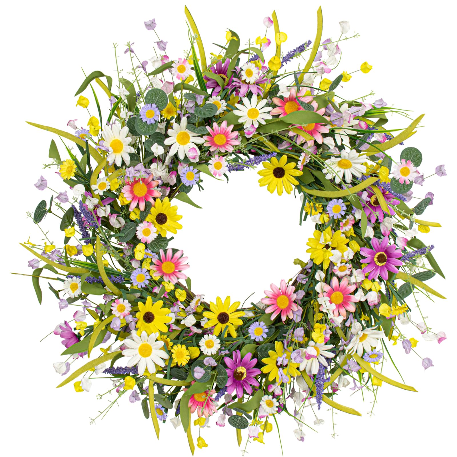 Yawwind 28 Inches Large Spring Wreaths for Front Door Spring Flower Wreaths Summer Door Wreath Colorful Wildflower Wreath with Daisy Lavender for Window Indoors Outdoor Decor