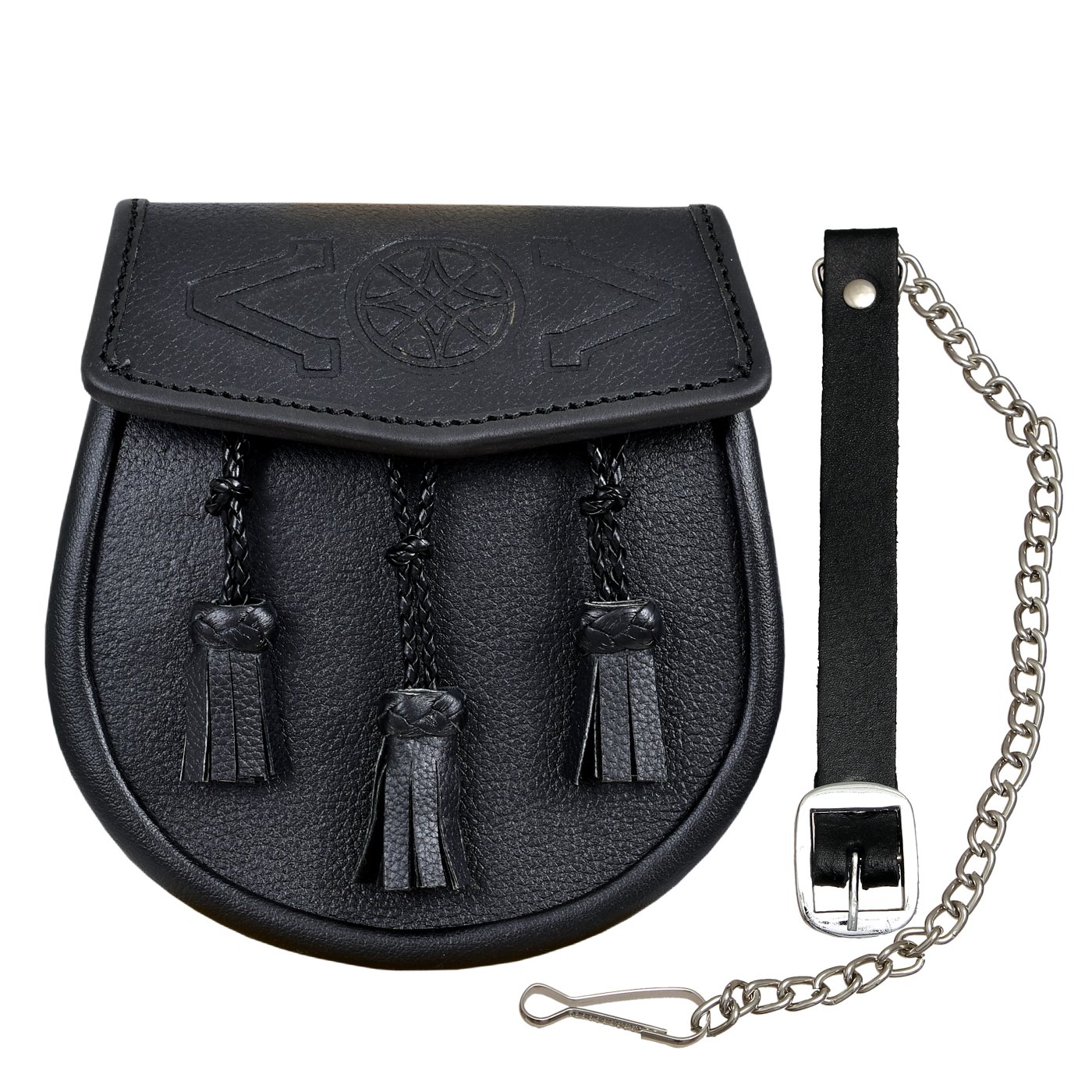 SHYNE Kilts UK Black Leather Kilt Sporran with 3 Tels, 100% Leather, Chrome-Plated Chain, Adult Size, Unisex