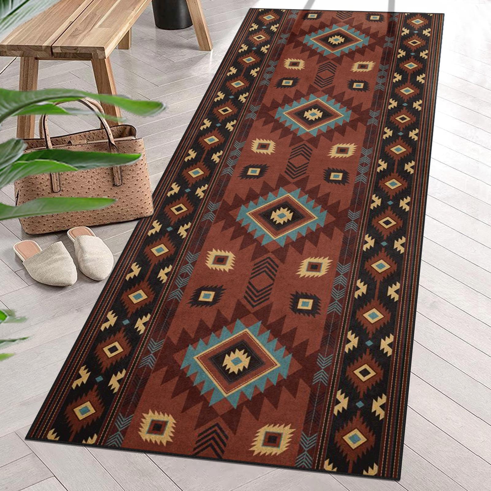 Photo 1 of Arttown Western Tribal American Brown Runner Rug 2' x 6', Geometric Mexican Boho Non Slip Machine Washable Area Rug Soft Flannel Indoor Outdoor Carpet for Hallway Entryway Bedroom Living Room Decor