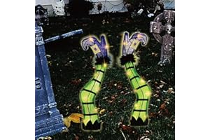 SANHSEHOME Lighted Witch Legs with Stakes, 1 Pair of 22" Halloween Yard Decor with 8 Lighting Modes & Timer, Witch Feet Battery Operated for Light Up Halloween Decorations Outdoor (Green)
