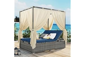 BAMOOLI Outdoor Canopy Bed, Patio PE Rattan Outdoor Chaise Lounge Daybed with Adjustable Seats, Outdoor Sunbed with Four-Sided Canopy, Rattan Sun Lounger Patio Loveseat Sofa Set with Curtains, Blue