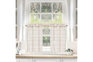 DriftAway Kitchen Curtains Striped Tier Linen Short Windowpane Plaid Cafe Curtains 36 Inch Length for Living Room Bathroom Chris Farmhouse Rustic Rod Pocket 2 Panels Red