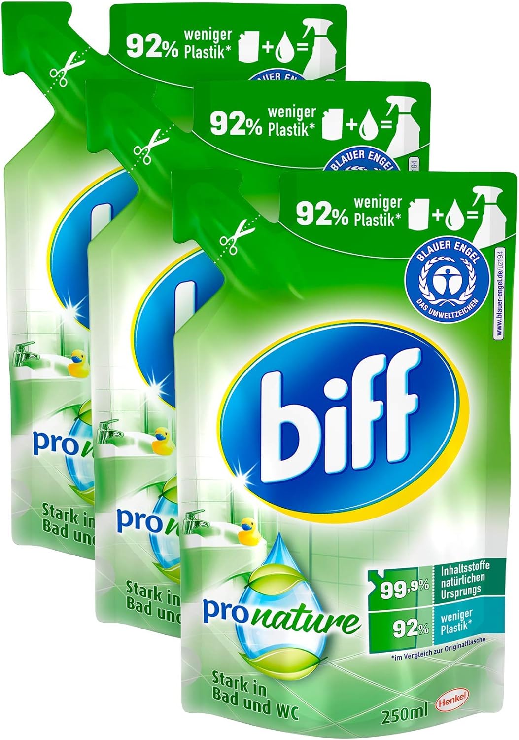 Biff Pro Nature Badreiniger, Nachfüllpack, 3 x 250 ml, mit 99,9 Prozent naturbasierten Inhaltsstoffen und nachwachsenden Rohstoffen aus nachhaltigem Anbau