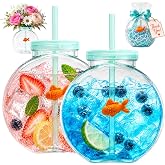 Fish Bowl Tumbler with Straw, Plastic Fish Bowl Cups with Lids Unbreakable Ornament Cups, Reusable Multipurpose Translucent Green Shatterproof Drink Bottles (2Pcs)