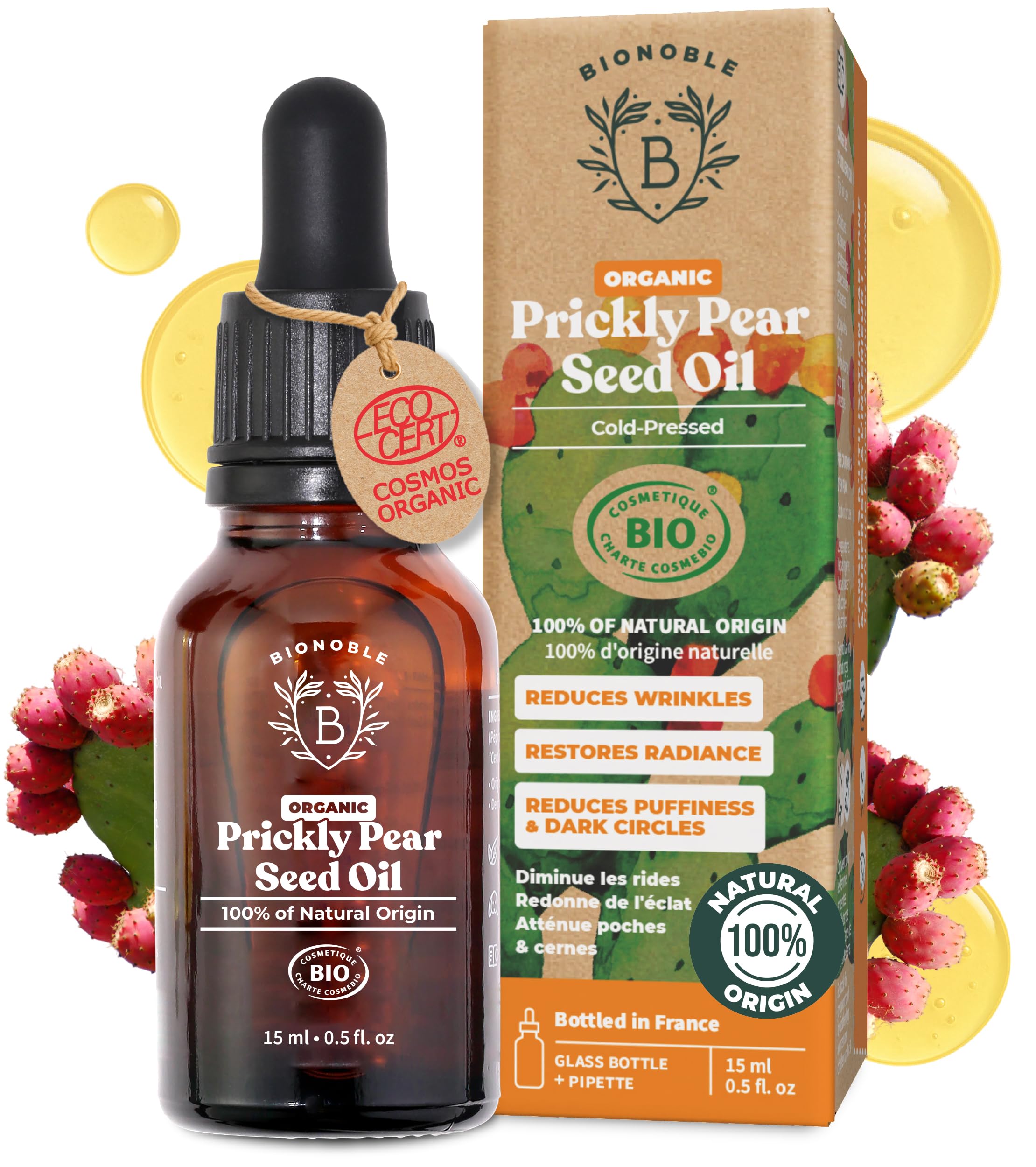 BIONOBLE Organic Prickly Pear Seed Oil, Cold-Pressed, 100% Pure, Hexane-Free - Moroccan Prickly Pear Oil for Face - Anti-Ageing, Reduces Wrinkles and Dark Circles - Glass Bottle with Pipette - 15ml