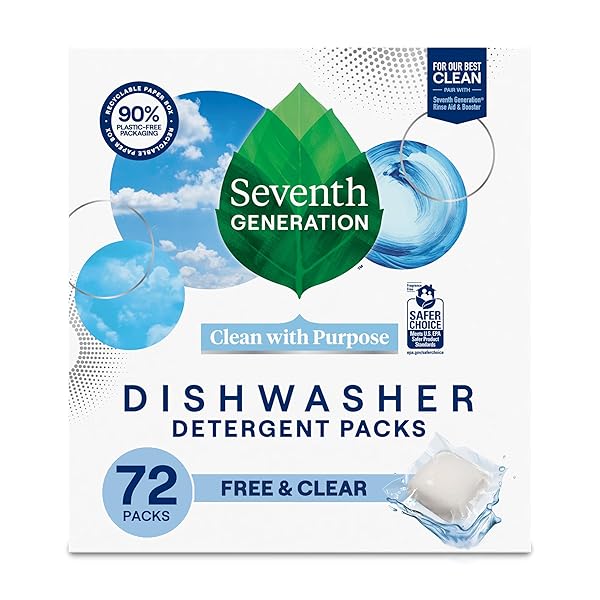 SEVENTH GENERATION DISHWASHER DETERGENT PACKS FOR SPARKLING DISHES FREE & CLEAR DISHWASHER TABS (72 COUNT)