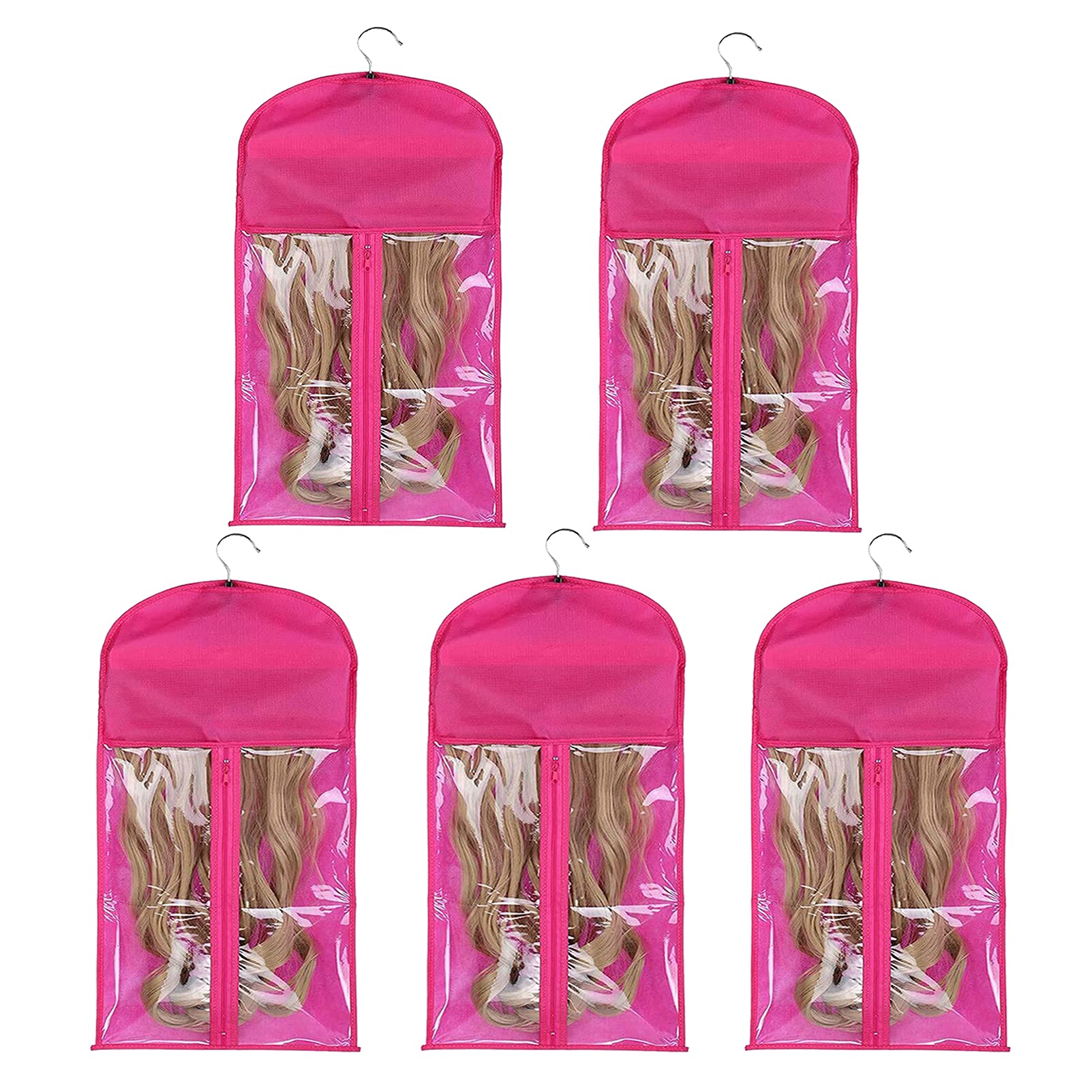 5 Pieces Portable Wig Storage Bag with Hanger, Dustproof & Practical, Hair Extensions Holder Case Organizer Protector Pouch (60x29cm,Rosered)