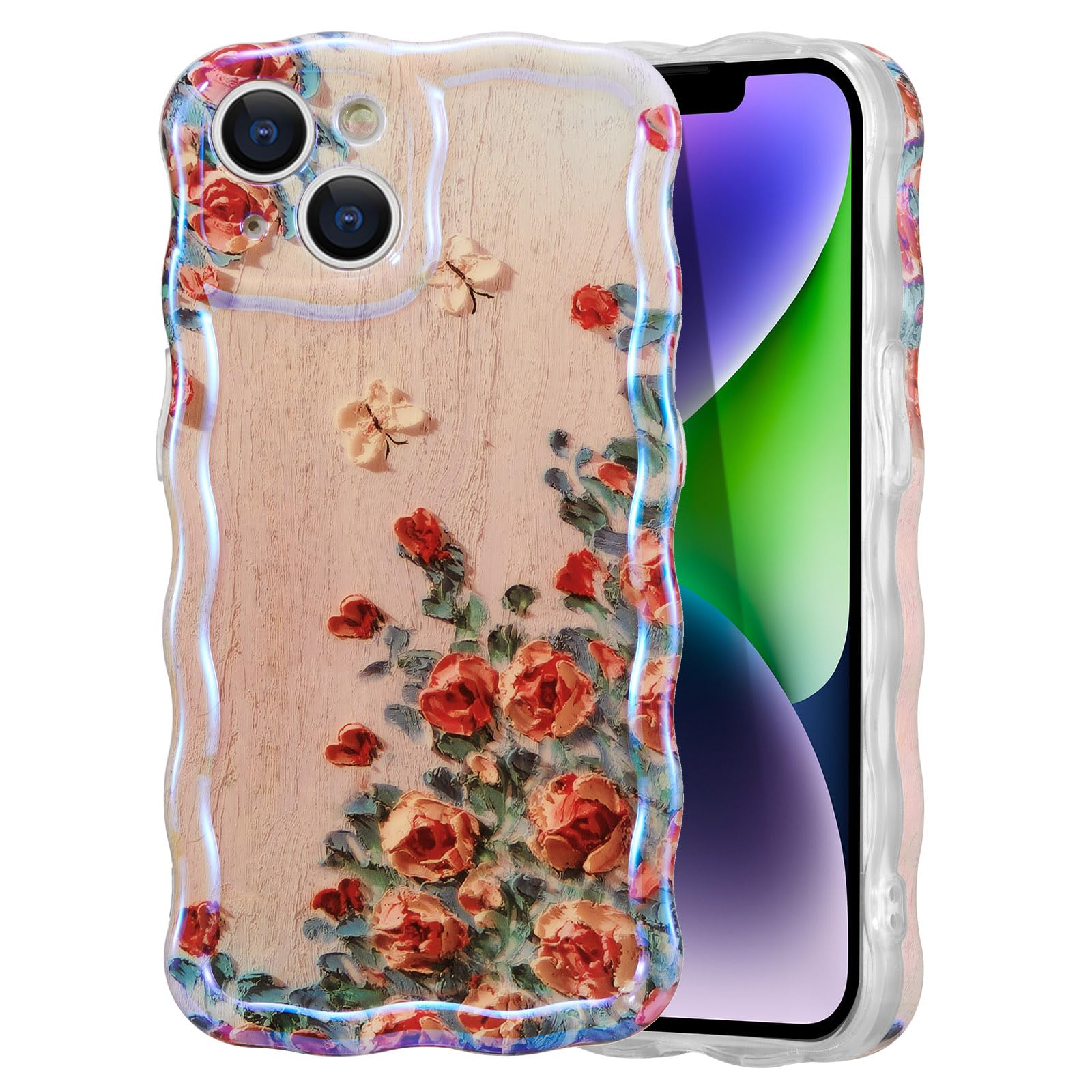 EYZUTAK Case for iPhone 13, Colorful Retro Oil Painting Rose Flower Laser Beam Glossy Pattern Cute Curly Waves Border Phone Cover Stylish Durable Soft TPU Protective Case for Girls Women - Beige