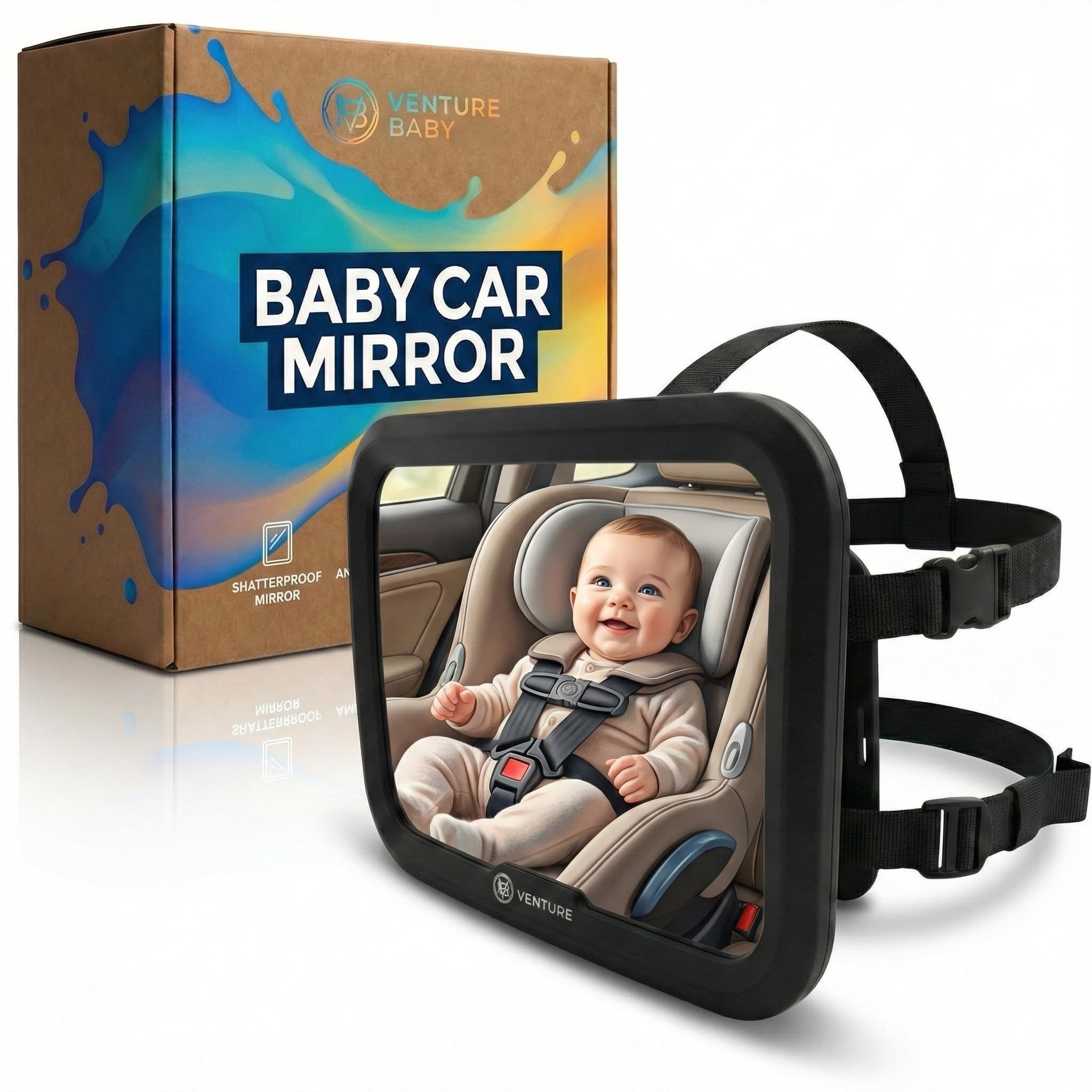 Venture Baby Car Mirror for Back Seat - 360° Adjustable Rear View Baby Mirror for Cars, Shatterproof, Clear Wide View, Safe & Easy to Install - Perfect Car Accessories For Rear Facing Children