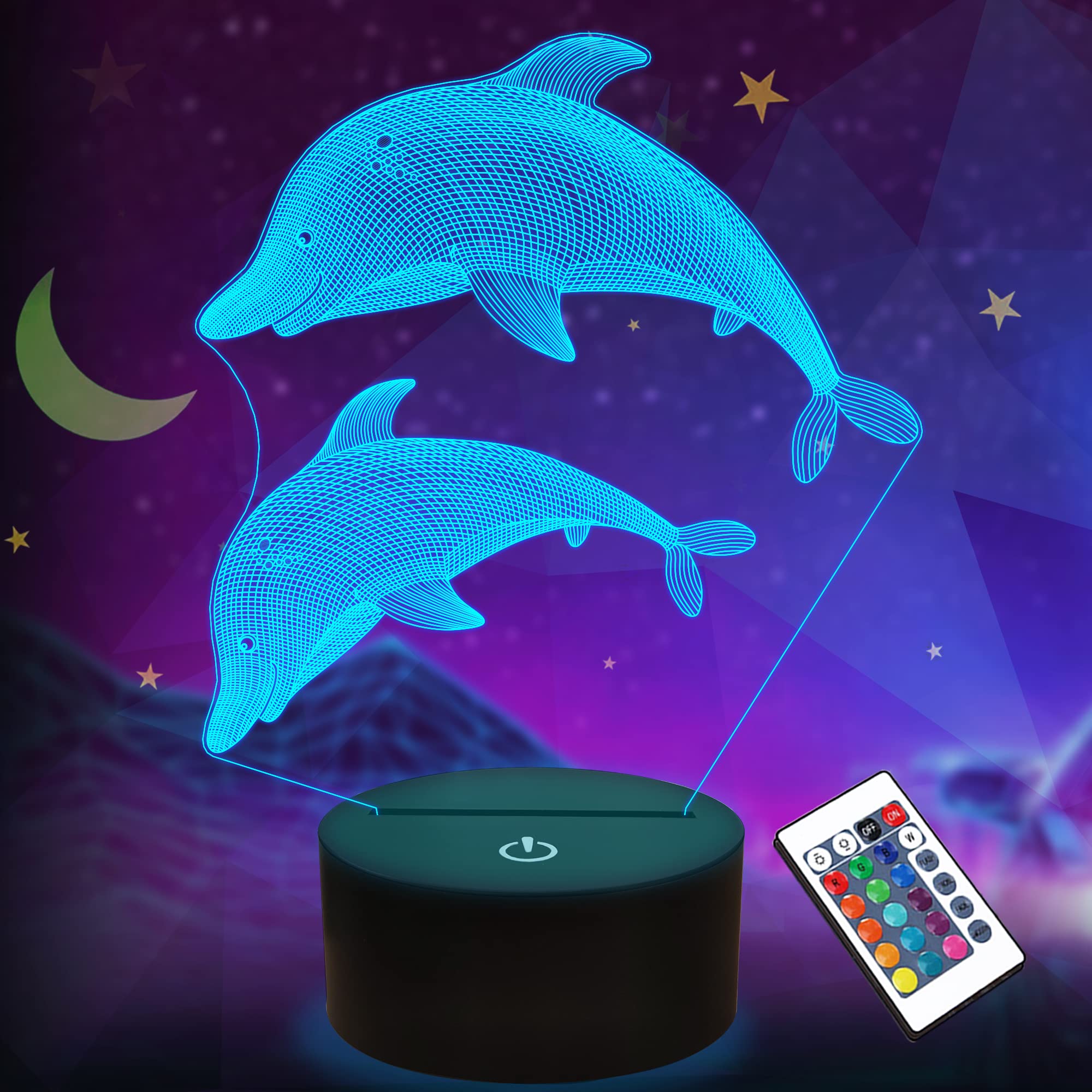 Dolphin Gifts, 3D Ocen Night Light LED Illusion Lamp with Remote Control + 16 Colors Changing + Timing + Dim Function, Decoration Birthday Gifts for Baby Boy Girl