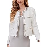 M.Infisavo Womens Tweed Blazer Jacket, Cropped Long Sleeve Blazers with Pockets Crewneck Open Front Collarless