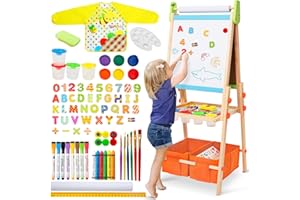 Kids Easel Including 100+ Accessories, Rundad Double Sided Wooden Easel for Kids Age 3-8 with Magnetic Chalkboard & Painting 