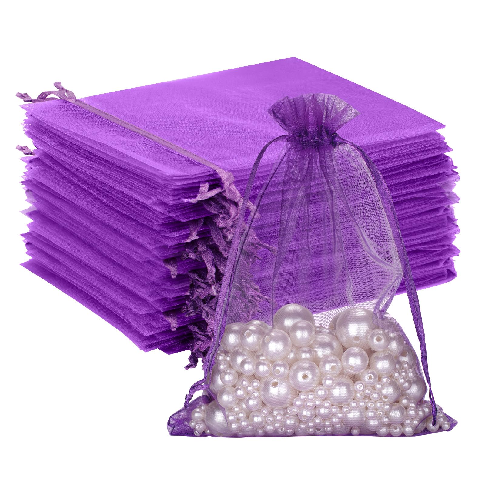 G2PLUS Purple Organza Gift Bags: 13x18 CM Clear Mesh Pouches, 100 PCS Organza Jewellery Bags, Large Favour Pouches for Wedding, Birthday Party Supplies