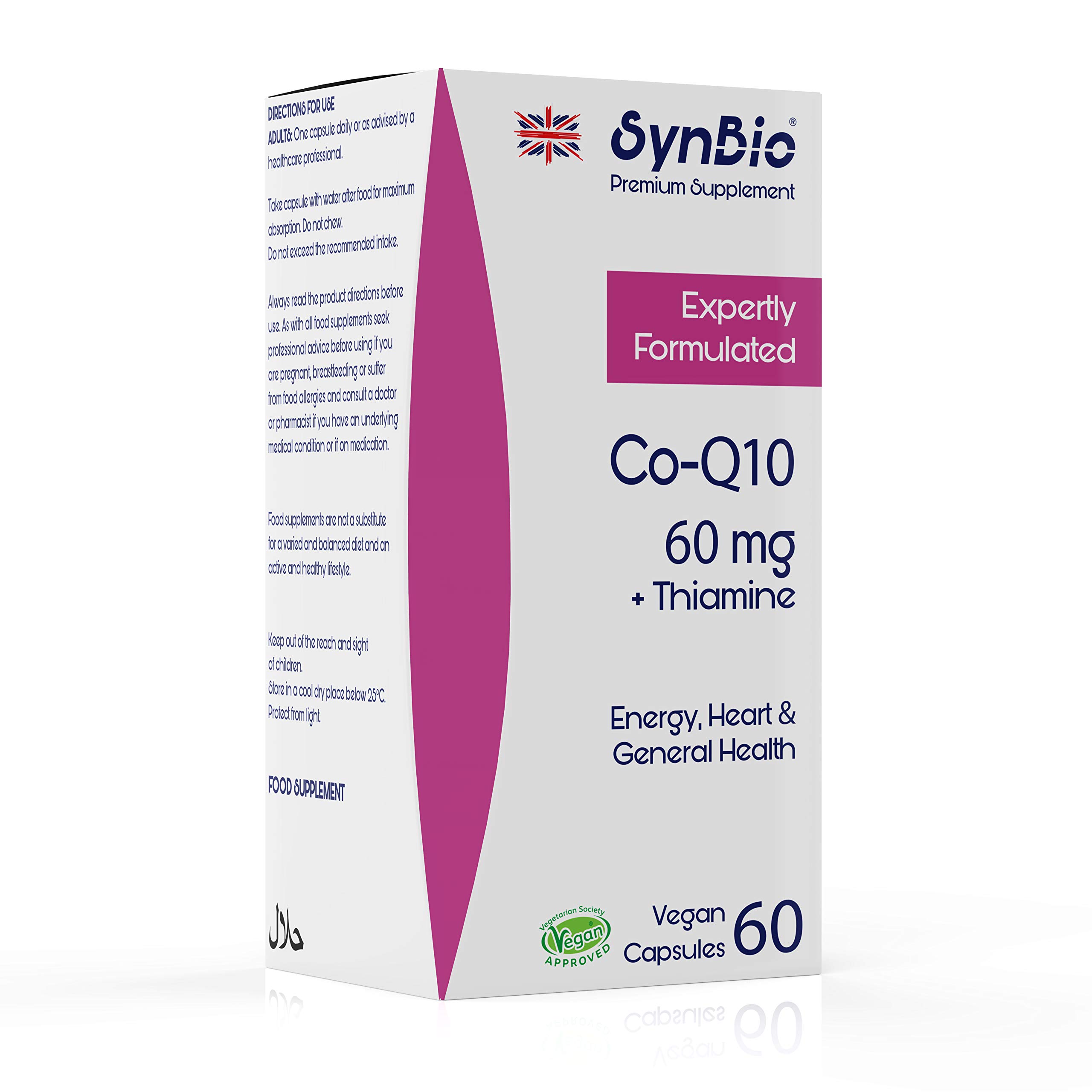 SynBio Premium - CoQ10 + Thiamine | 60 Vegan Capsules | CoEnzyme Q10 with Vitamin B1 | Contributes to Heart Health, Energy Release and Nerve Health | Made in the UK