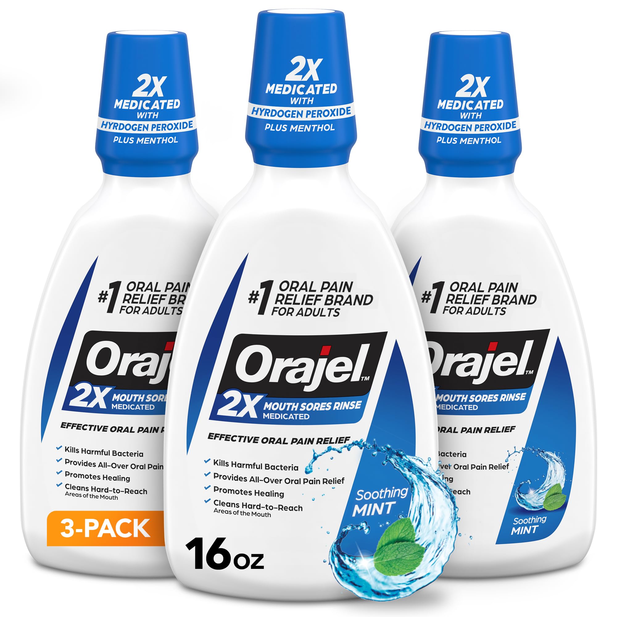 Photo 1 of Orajel Nonseptic Mouth Sore Rinse 16oz, Soothing Mint Flavor, Provides Pain Relief, Promotes Healing, 3-Pack