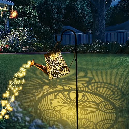 GIGALUMI Solar Watering Can Lights Outdoor Garden, Waterproof Metal Water Can Ornaments with String Lights, Solar Hanging Lantern with Bracket for Yard Lawn Pathway Patio (Large Flower)