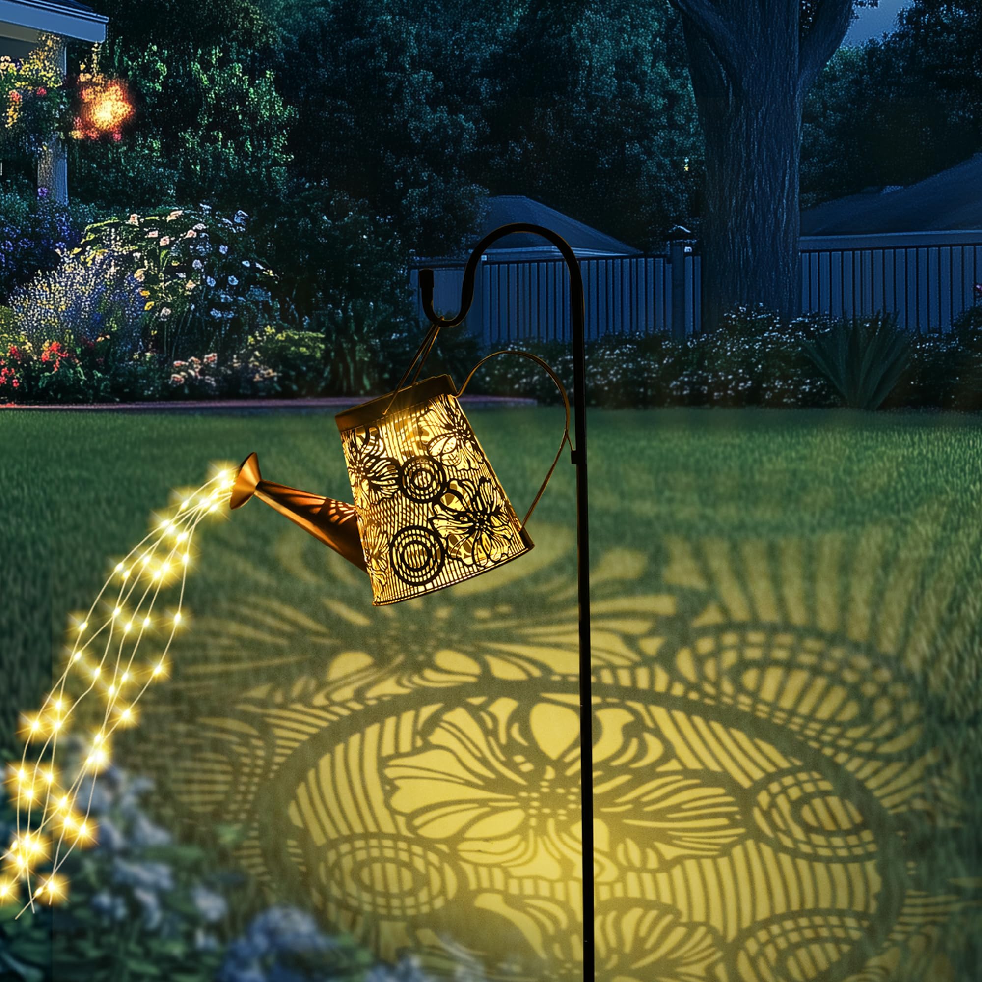 GIGALUMI Solar Watering Can Lights Outdoor Garden, Waterproof Metal Water Can Ornaments with String Lights, Solar Hanging Lantern with Bracket for Yard Lawn Pathway Patio (Large Flower) — image 1