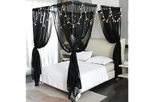 Akiky Canopy for Girls Room Bed Curtains Elegant Sheer Curtain for Twin Full Queen King Size Bed Drapes,8 Panels Canopies with Light,Room Décor(Full/Queen,Black)