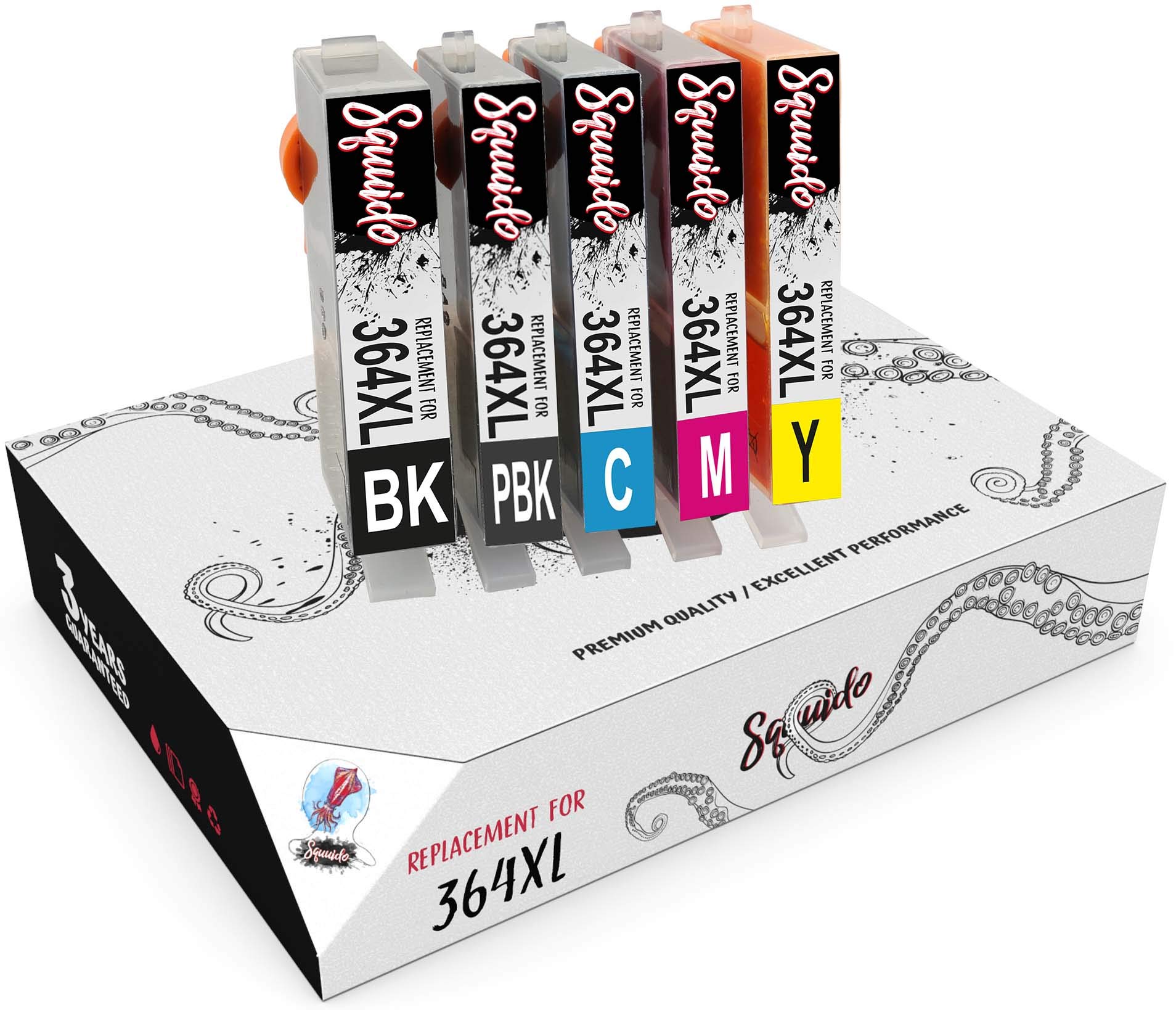 Squuido 5 ink cartridges 364 XL 364XL compatible with HP Photosmart 7510 7520 B8550 B8553 C5380 C5383 C6380 C6383 D5460 D5463 D7560 C309a C310a C310c C510a | High Capacity